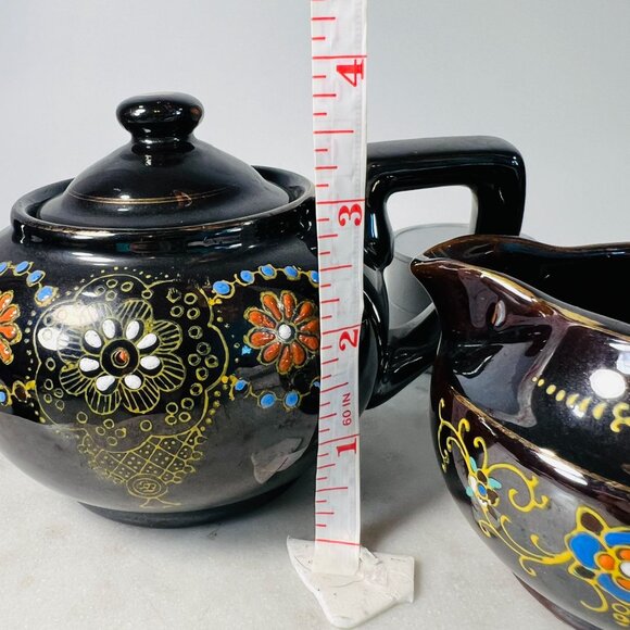 Vtg Japanese Black Ceramic Teapot & Redware Creamer Hand-Painted Floral Motifs - Picture 7 of 7